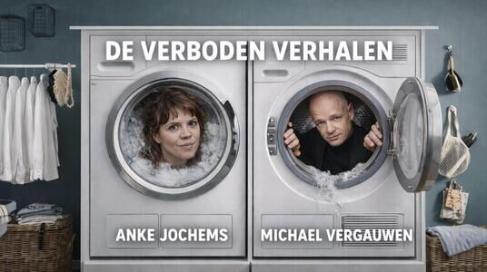 Anke Jochems en Michael Vergauwen met hun hoofden in een wasmachine